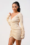 Long sleeve rib drawstring sexy dress