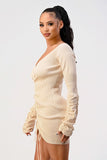 Long sleeve rib drawstring sexy dress