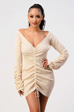 Long sleeve rib drawstring sexy dress