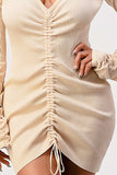 Long sleeve rib drawstring sexy dress