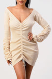 Long sleeve rib drawstring sexy dress