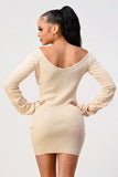 Long sleeve rib drawstring sexy dress