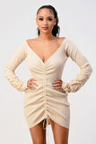 Long sleeve rib drawstring sexy dress
